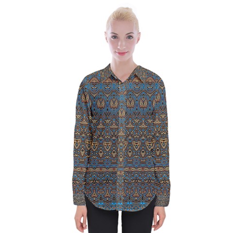 Boho Blue Gold Pattern Womens Long Sleeve Shirt by SpinnyChairDesigns