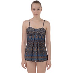 Boho Blue Gold Pattern Babydoll Tankini Set by SpinnyChairDesigns