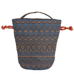 Boho Blue Gold Pattern Drawstring Bucket Bag by SpinnyChairDesigns