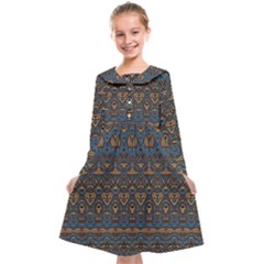 Boho Blue Gold Pattern Kids  Midi Sailor Dress by SpinnyChairDesigns