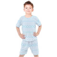 Boho Baby Blue Pattern Kids  Tee And Shorts Set by SpinnyChairDesigns