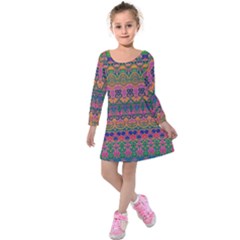 Boho Colorful Pattern Kids  Long Sleeve Velvet Dress by SpinnyChairDesigns