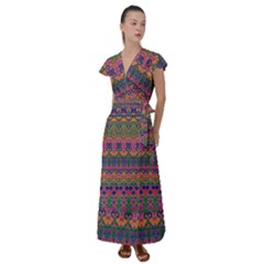 Boho Colorful Pattern Flutter Sleeve Maxi Dress by SpinnyChairDesigns