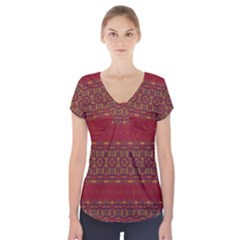 Boho Red Gold Short Sleeve Front Detail Top by SpinnyChairDesigns