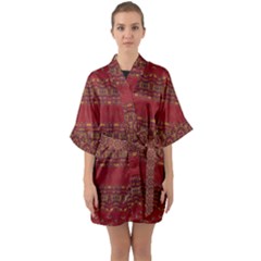 Boho Red Gold Half Sleeve Satin Kimono  by SpinnyChairDesigns