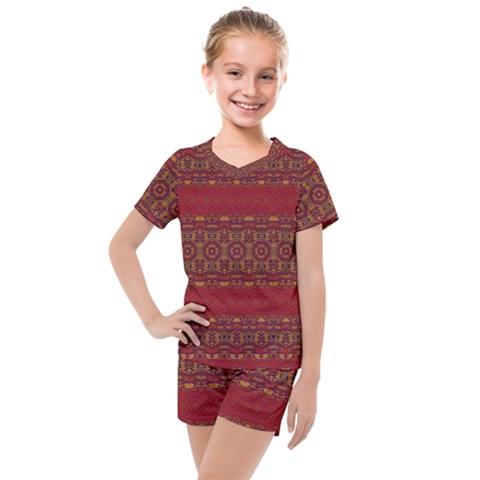 Boho Red Gold Kids  Mesh Tee And Shorts Set by SpinnyChairDesigns