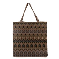 Boho Green Brown Pattern Grocery Tote Bag by SpinnyChairDesigns