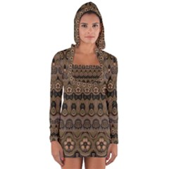 Boho Green Brown Pattern Long Sleeve Hooded T-shirt by SpinnyChairDesigns