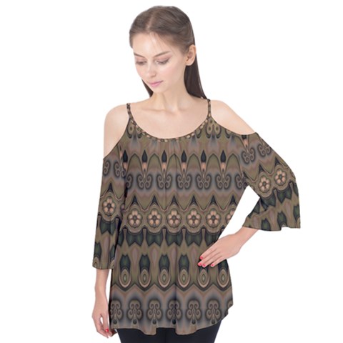 Boho Green Brown Pattern Flutter Tees by SpinnyChairDesigns