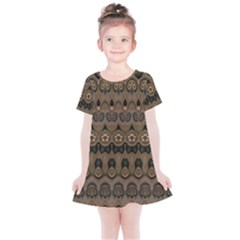 Boho Green Brown Pattern Kids  Simple Cotton Dress by SpinnyChairDesigns