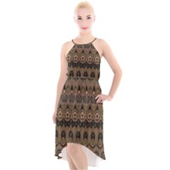 Boho Green Brown Pattern High-low Halter Chiffon Dress  by SpinnyChairDesigns