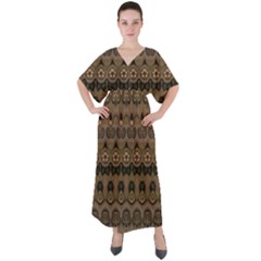 Boho Green Brown Pattern V-neck Boho Style Maxi Dress by SpinnyChairDesigns