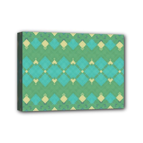 Boho Green Blue Checkered Mini Canvas 7  X 5  (stretched) by SpinnyChairDesigns