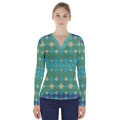 Boho Green Blue Checkered V-neck Long Sleeve Top by SpinnyChairDesigns