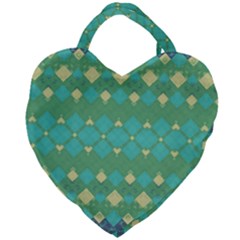 Boho Green Blue Checkered Giant Heart Shaped Tote by SpinnyChairDesigns