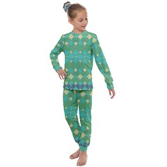 Boho Green Blue Checkered Kids  Long Sleeve Set  by SpinnyChairDesigns