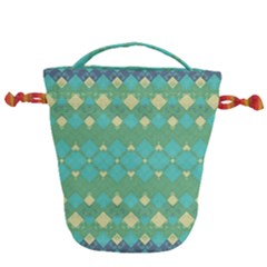 Boho Green Blue Checkered Drawstring Bucket Bag by SpinnyChairDesigns