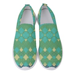 Boho Green Blue Checkered Women s Slip On Sneakers by SpinnyChairDesigns