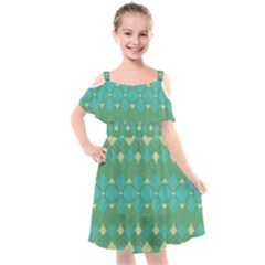 Boho Green Blue Checkered Kids  Cut Out Shoulders Chiffon Dress by SpinnyChairDesigns