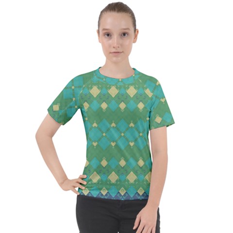 Boho Green Blue Checkered Women s Sport Raglan Tee by SpinnyChairDesigns