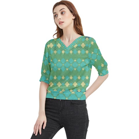 Boho Green Blue Checkered Quarter Sleeve Blouse by SpinnyChairDesigns