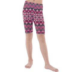 Boho Pink Grey  Kids  Mid Length Swim Shorts by SpinnyChairDesigns