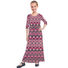 Boho Pink Grey  Kids  Quarter Sleeve Maxi Dress