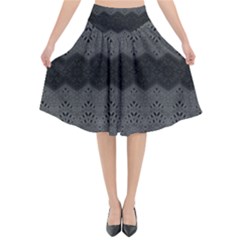 Boho Black Grey Pattern Flared Midi Skirt by SpinnyChairDesigns