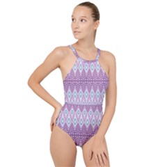 Boho Violet Purple High Neck One Piece Swimsuit