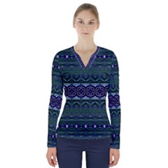 Boho Blue Green  V-neck Long Sleeve Top by SpinnyChairDesigns