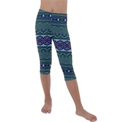 Boho Blue Green  Kids  Lightweight Velour Capri Leggings 