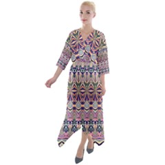Colorful Boho Pattern Quarter Sleeve Wrap Front Maxi Dress by SpinnyChairDesigns