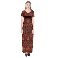 Boho Dark Red Floral Short Sleeve Maxi Dress by SpinnyChairDesigns