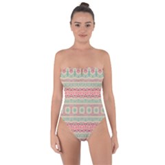 Boho Teal Pink Tie Back One Piece Swimsuit by SpinnyChairDesigns