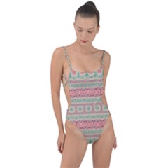 Boho Teal Pink Tie Strap One Piece Swimsuit by SpinnyChairDesigns