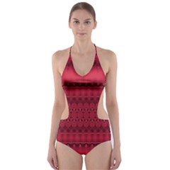 Crimson Red Pattern Cut-out One Piece Swimsuit by SpinnyChairDesigns