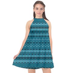 Boho Teal Pattern Halter Neckline Chiffon Dress  by SpinnyChairDesigns