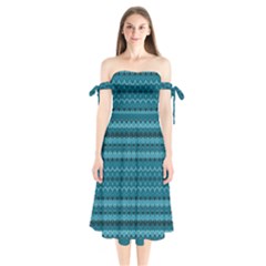 Boho Teal Pattern Shoulder Tie Bardot Midi Dress by SpinnyChairDesigns