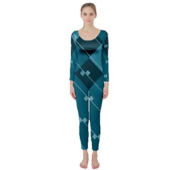 Teal Blue Stripes And Checks Long Sleeve Catsuit by SpinnyChairDesigns