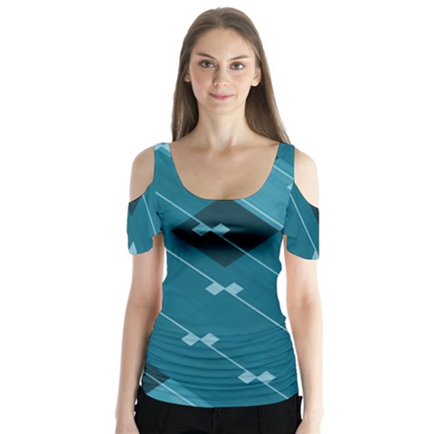 Teal Blue Stripes And Checks Butterfly Sleeve Cutout Tee  by SpinnyChairDesigns