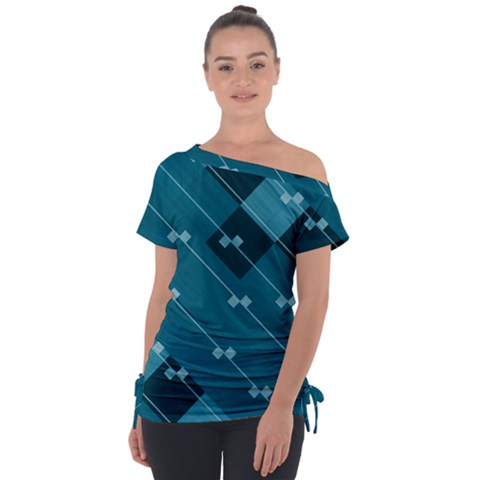 Teal Blue Stripes And Checks Tie-up Tee by SpinnyChairDesigns