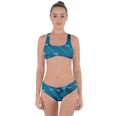 Teal Blue Stripes And Checks Criss Cross Bikini Set by SpinnyChairDesigns