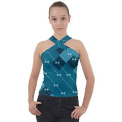 Teal Blue Stripes And Checks Cross Neck Velour Top by SpinnyChairDesigns