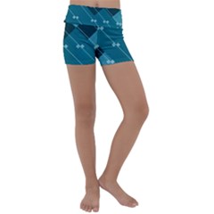 Teal Blue Stripes And Checks Kids  Lightweight Velour Yoga Shorts by SpinnyChairDesigns