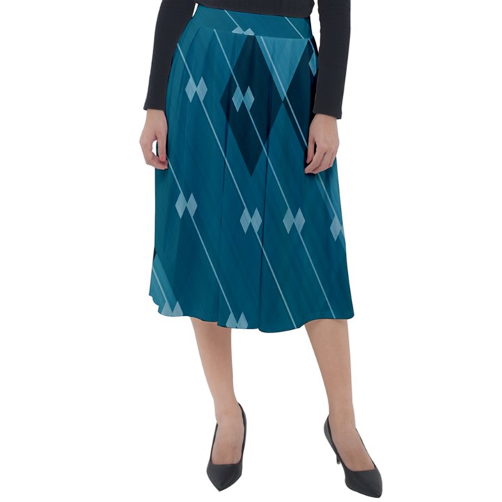 Teal Blue Stripes and Checks Classic Velour Midi Skirt 