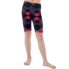 Pink Orange Black Diamond Pattern Kids  Mid Length Swim Shorts by SpinnyChairDesigns