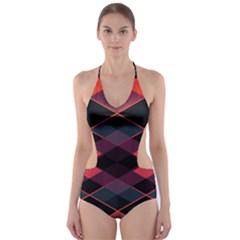 Pink Orange Black Diamond Pattern Cut-out One Piece Swimsuit by SpinnyChairDesigns