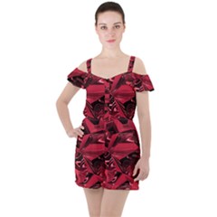 Candy Apple Crimson Red Ruffle Cut Out Chiffon Playsuit by SpinnyChairDesigns