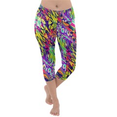 Colorful Jungle Pattern Lightweight Velour Capri Yoga Leggings by SpinnyChairDesigns