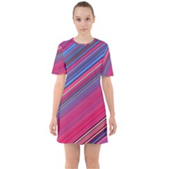 Boho Pink Blue Stripes Sixties Short Sleeve Mini Dress by SpinnyChairDesigns